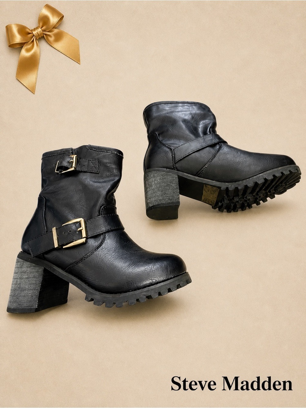 Steve Madden Solerr Black Buckle Moto Ankle Boots Lug Sole Chunky Size 5.5